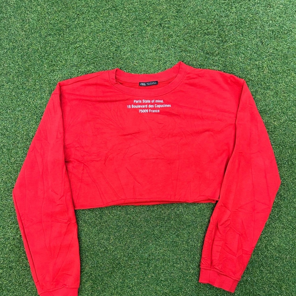 Zara Red Paris State of Mind Cropped Sweatshirt Womens Size S Graphic‎ Pullover